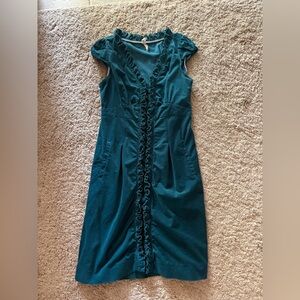 Maeve Teal Ruffle-Front Cap Sleeve Dress